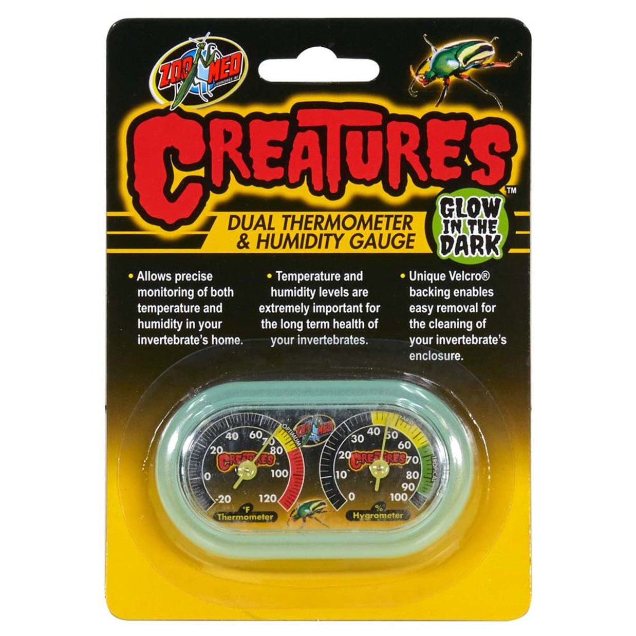 Zoo Med Creatures Dual Thermometer & Humidity Gauge Glow in the Dark Green 1ea